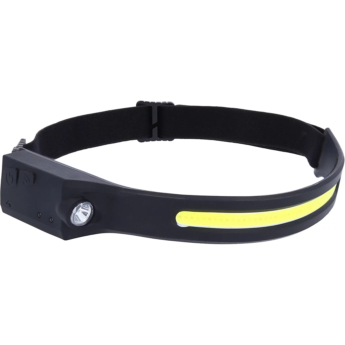 Schwarze Stirnlampe mit gelbem Lichtband und einem Knopf. Über dem Stirnband befindet sich ein schwarzes Band.